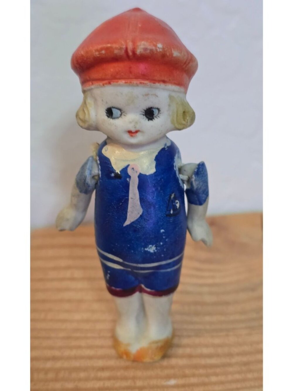 Vintage Bisque Sailor Doll Figurine 4" With Red Hat and Blue Outfit READ
